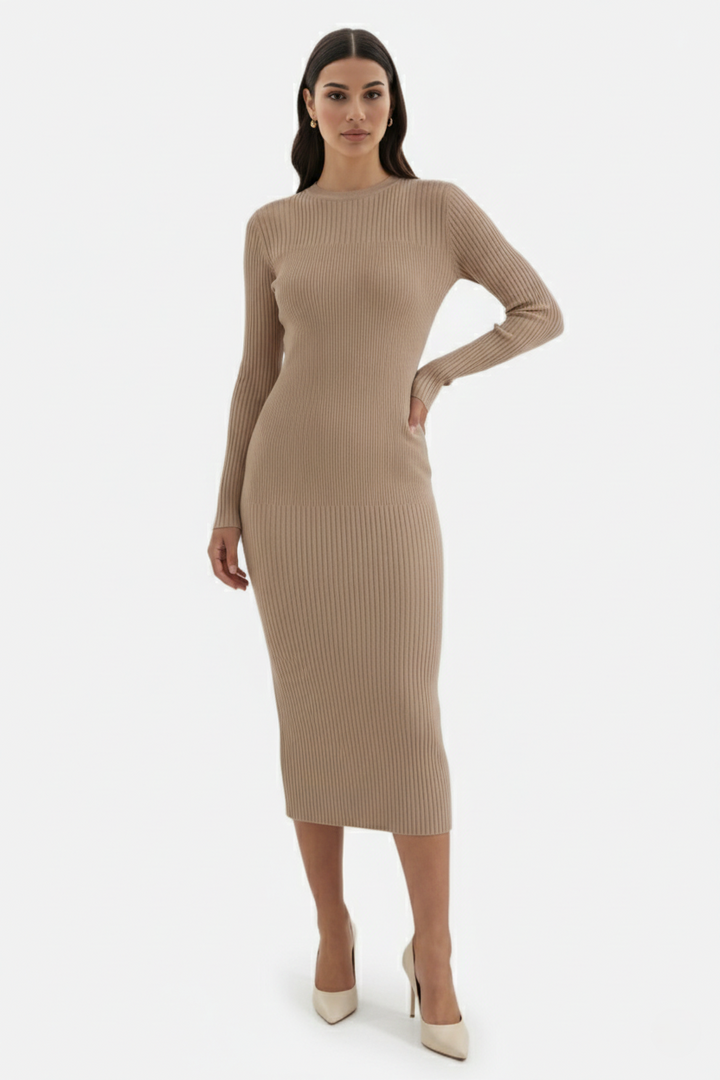 Womens Bodycon Midi Dress Ribbed Knit Long Sleeve Crew Neck