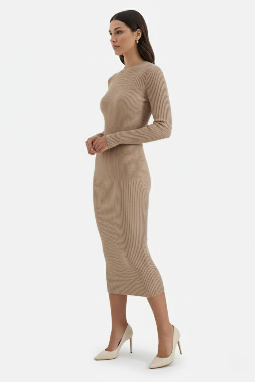 Womens Bodycon Midi Dress Ribbed Knit Long Sleeve Crew Neck