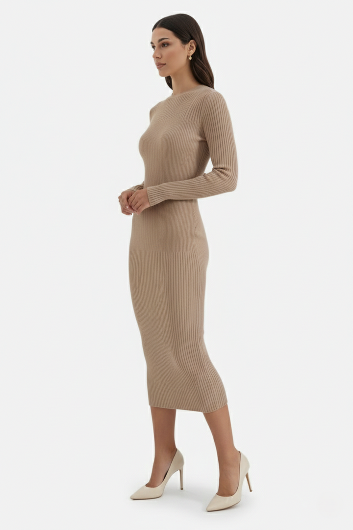 Womens Bodycon Midi Dress Ribbed Knit Long Sleeve Crew Neck