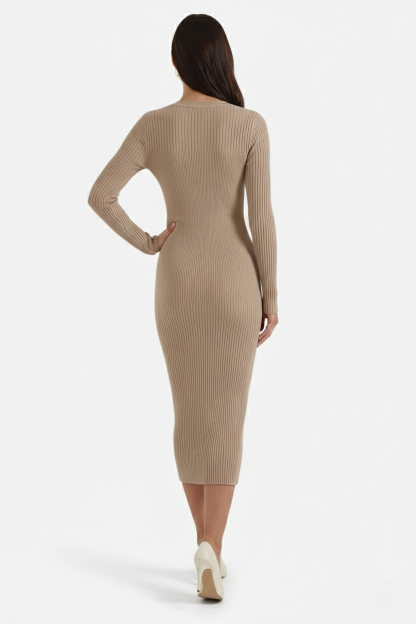 Womens Bodycon Midi Dress Ribbed Knit Long Sleeve Crew Neck