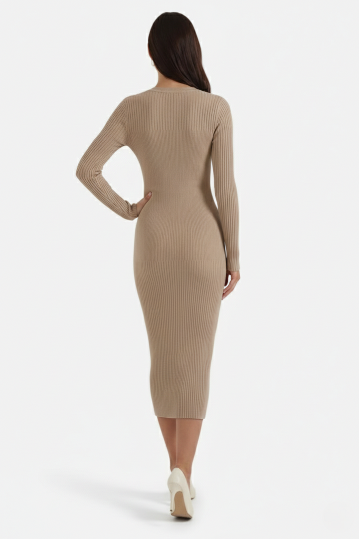 Womens Bodycon Midi Dress Ribbed Knit Long Sleeve Crew Neck