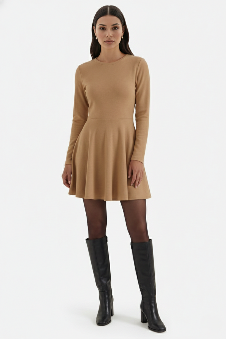 Womens Knitted Skater Dress Long Sleeve Fit and Flare
