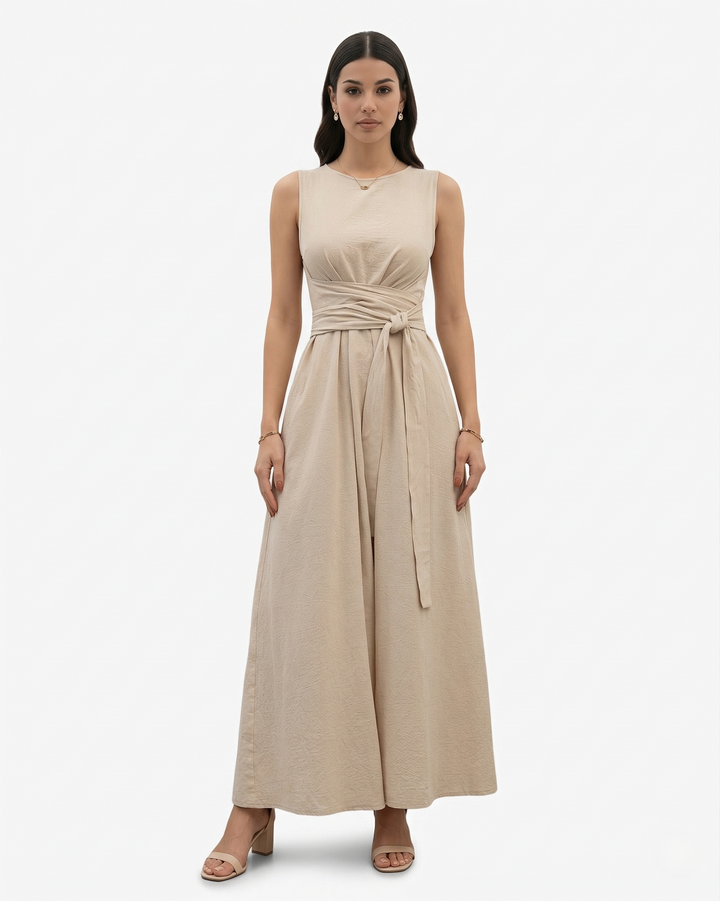 Womens Sleeveless Maxi Dress Crew Neck Tie Waist A-Line - Clovrio