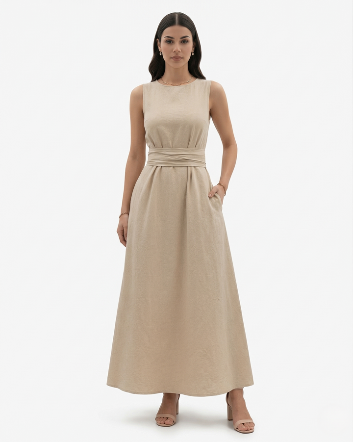 Womens Sleeveless Maxi Dress Crew Neck Tie Waist A-Line