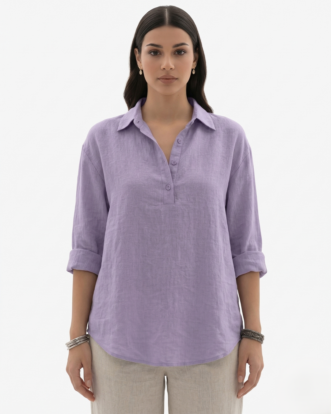 Womens Long Sleeve Shirt Linen Blend Collared Button Placket