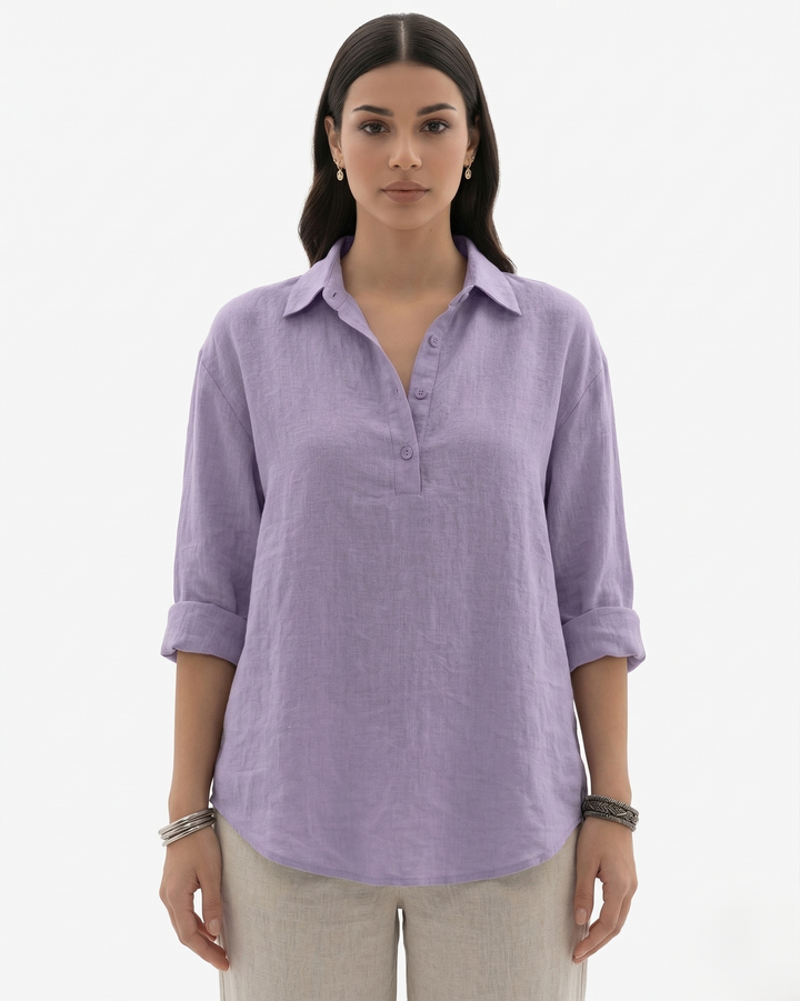 Womens Long Sleeve Shirt Linen Blend Collared Button Placket