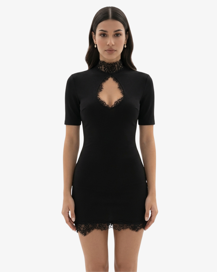Womens Bodycon Mini Dress Lace Trim Mock Neck - Clovrio