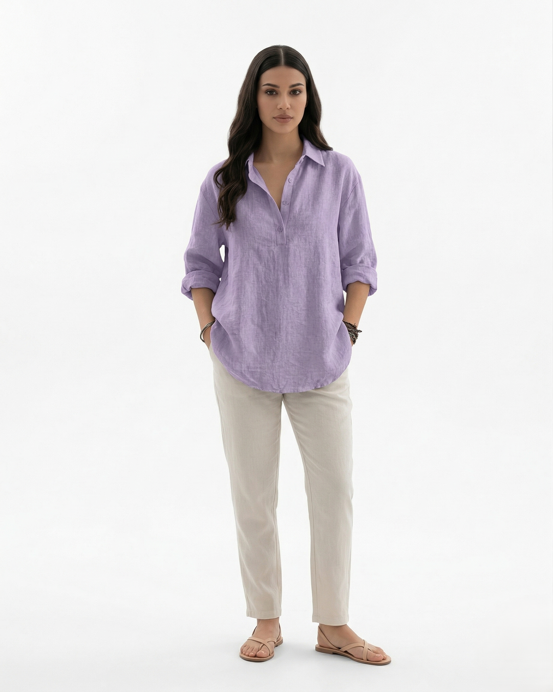 Womens Long Sleeve Shirt Linen Blend Collared Button Placket