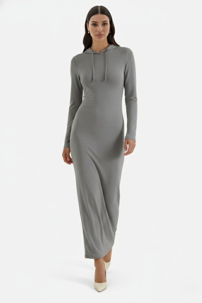 Womens Hooded Bodycon Maxi Dress Long Sleeve Casual