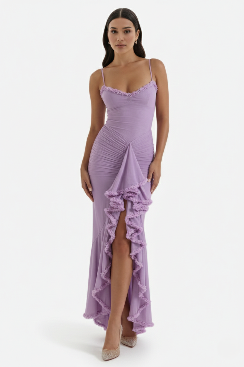 Womens Evening Gown Mesh Ruched Ruffle Asymmetrical Hem