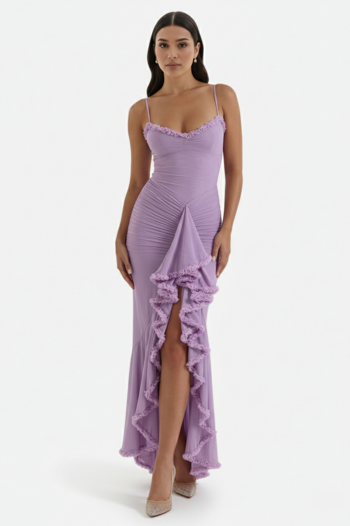 Womens Evening Gown Mesh Ruched Ruffle Asymmetrical Hem
