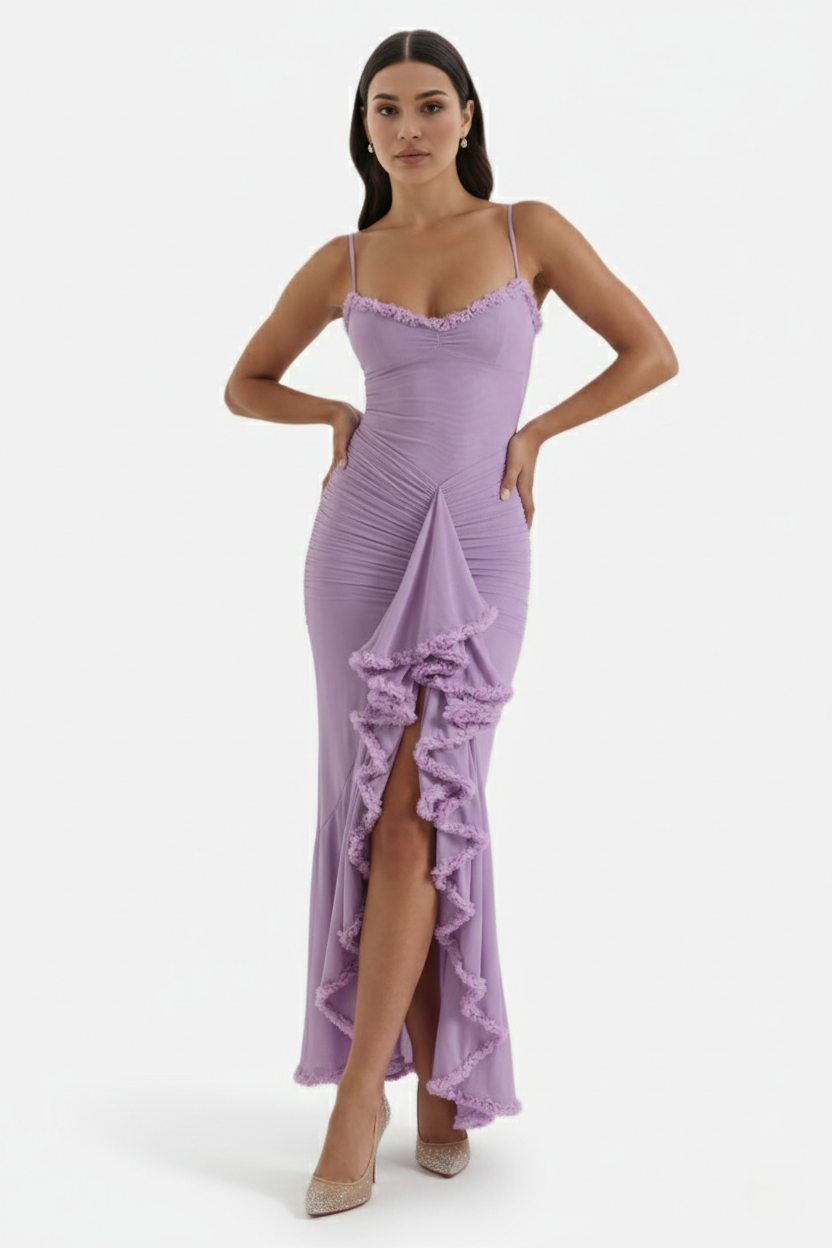 Womens Evening Gown Mesh Ruched Ruffle Asymmetrical Hem