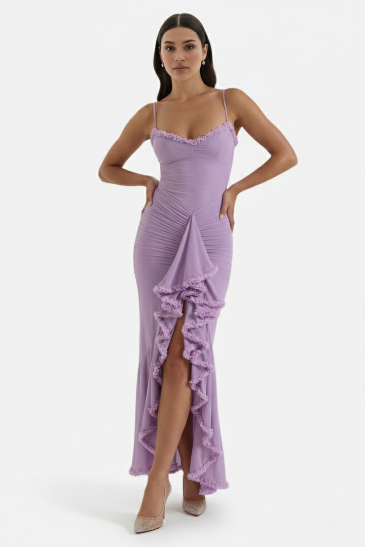Womens Evening Gown Mesh Ruched Ruffle Asymmetrical Hem
