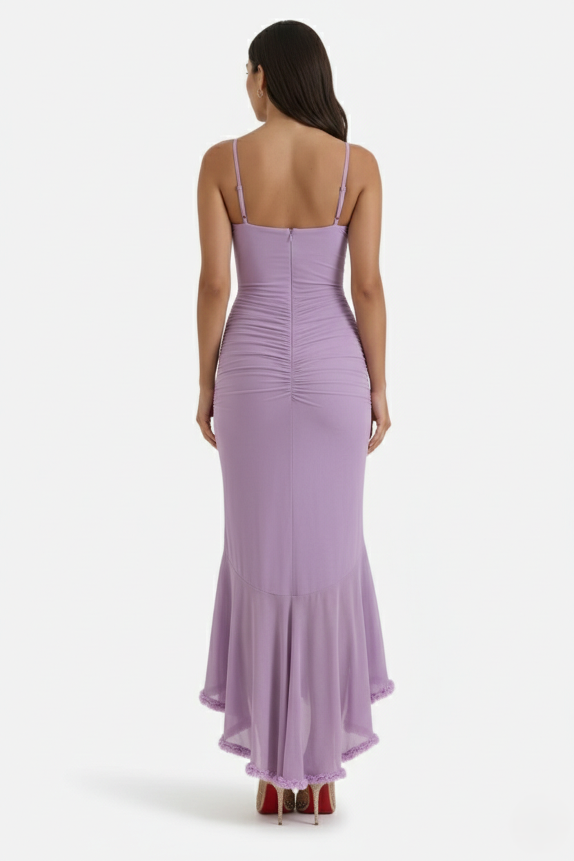 Womens Evening Gown Mesh Ruched Ruffle Asymmetrical Hem