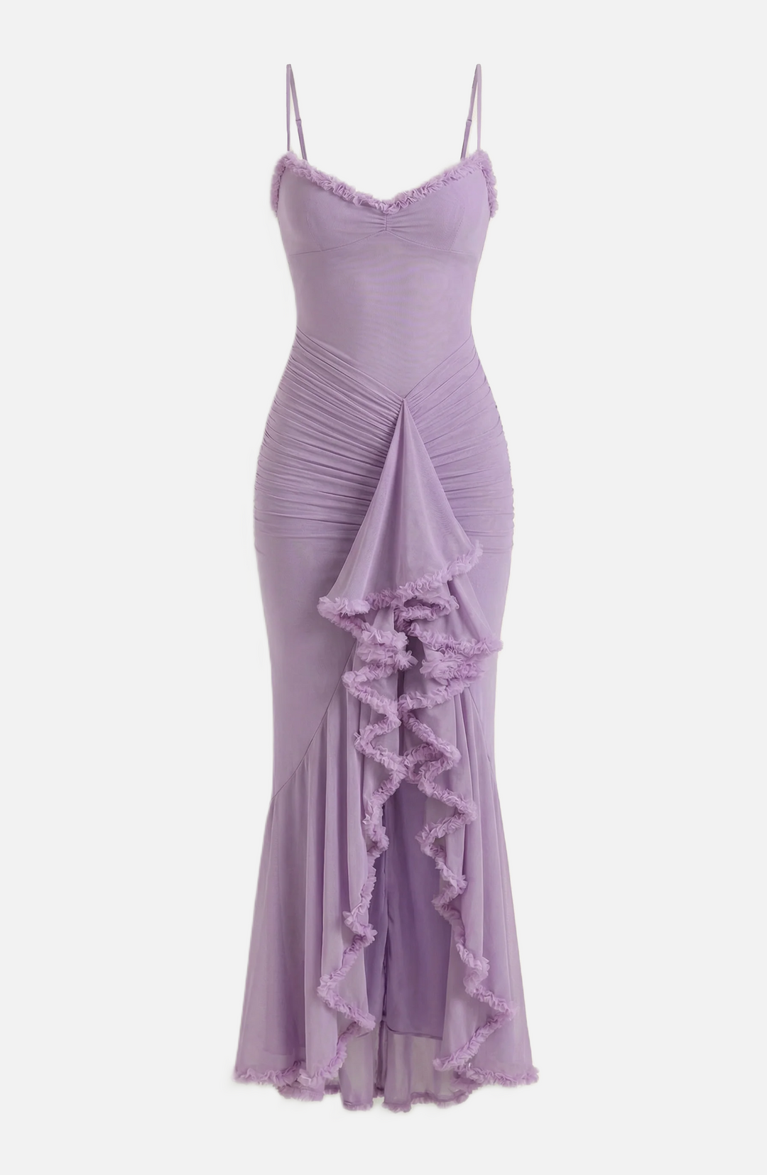 Womens Evening Gown Mesh Ruched Ruffle Asymmetrical Hem
