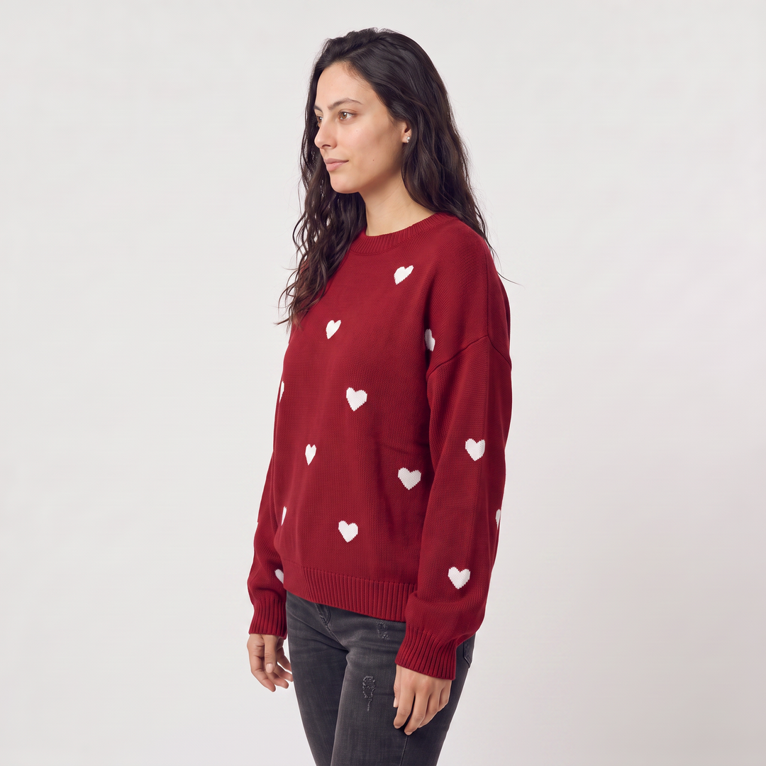 Women's Casual Knitted Heart Pattern Jumper with Drop Shoulder