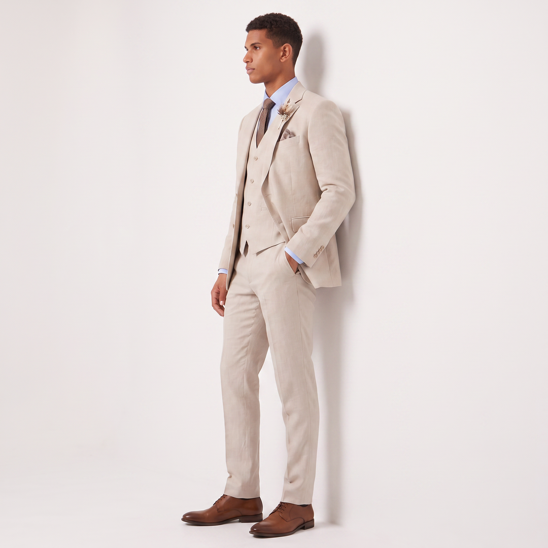 Men's Tailored Linen Three-Piece Suit with Waistcoat