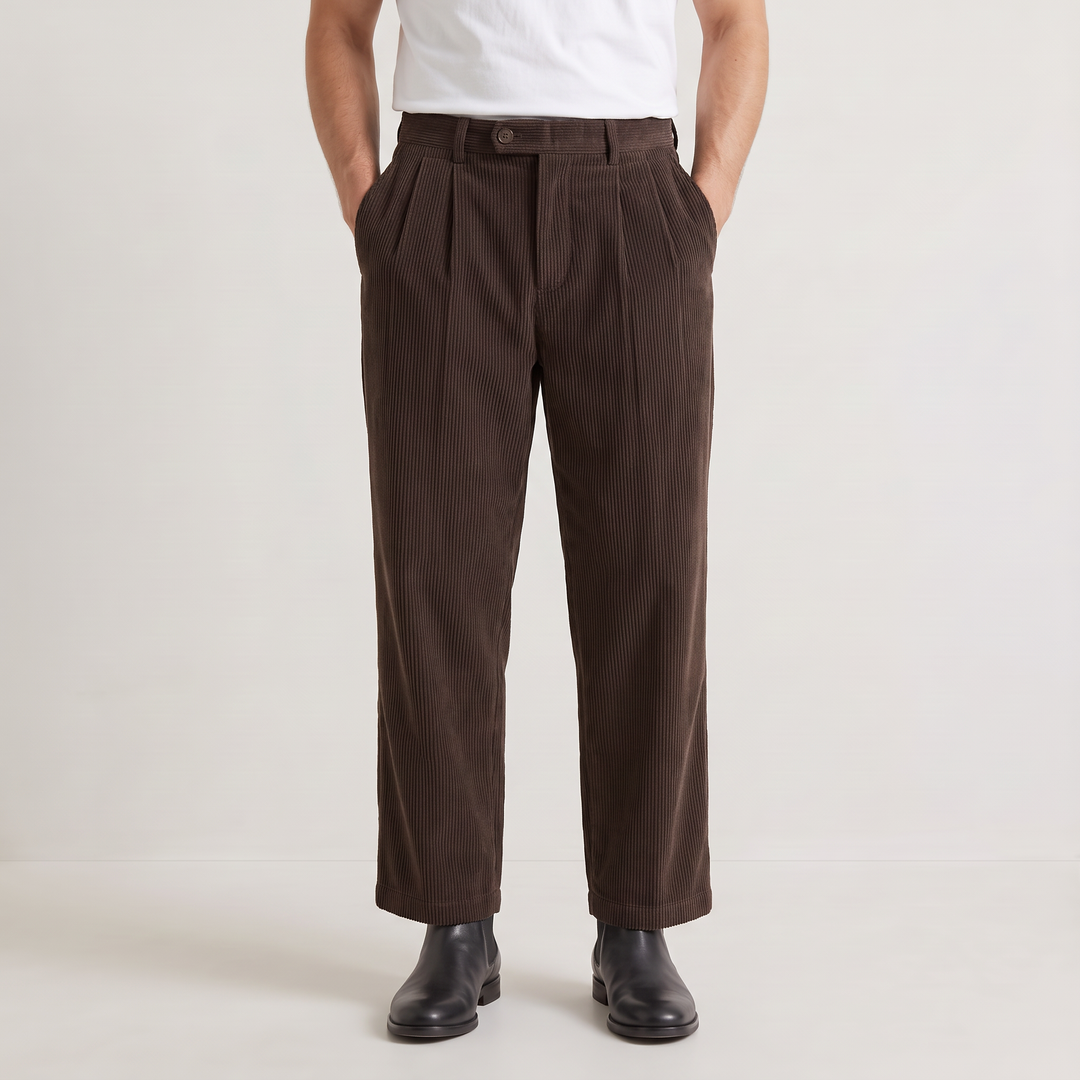Men's Casual Corduroy Wide-Leg Pleated Trousers