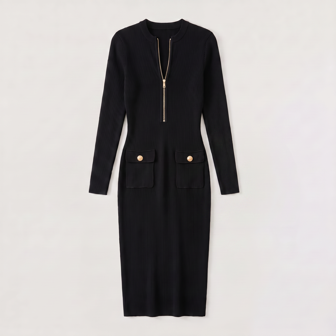 Women's Elegant Ribbed Knit Zip-Up Midi Dress
