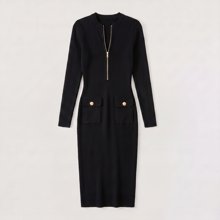 Women's Elegant Ribbed Knit Zip-Up Midi Dress