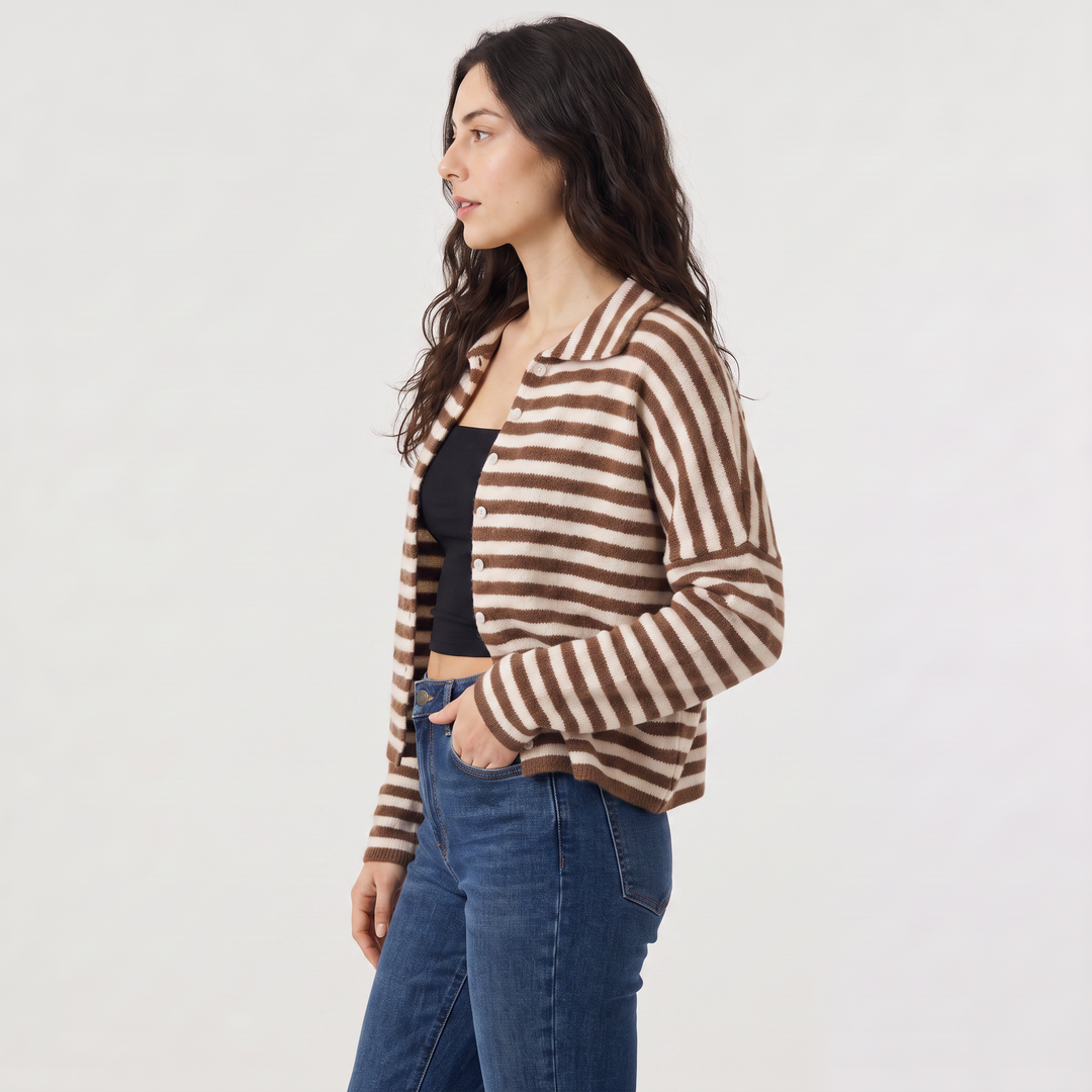 Women's Casual Striped Knit Cardigan with Button Front and Collar