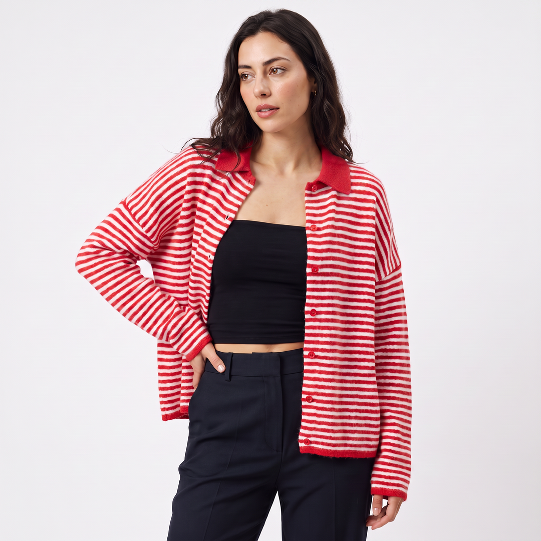 Women's Casual Striped Knit Cardigan with Button Front and Collar