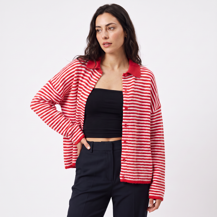 Women's Casual Striped Knit Cardigan with Button Front and Collar