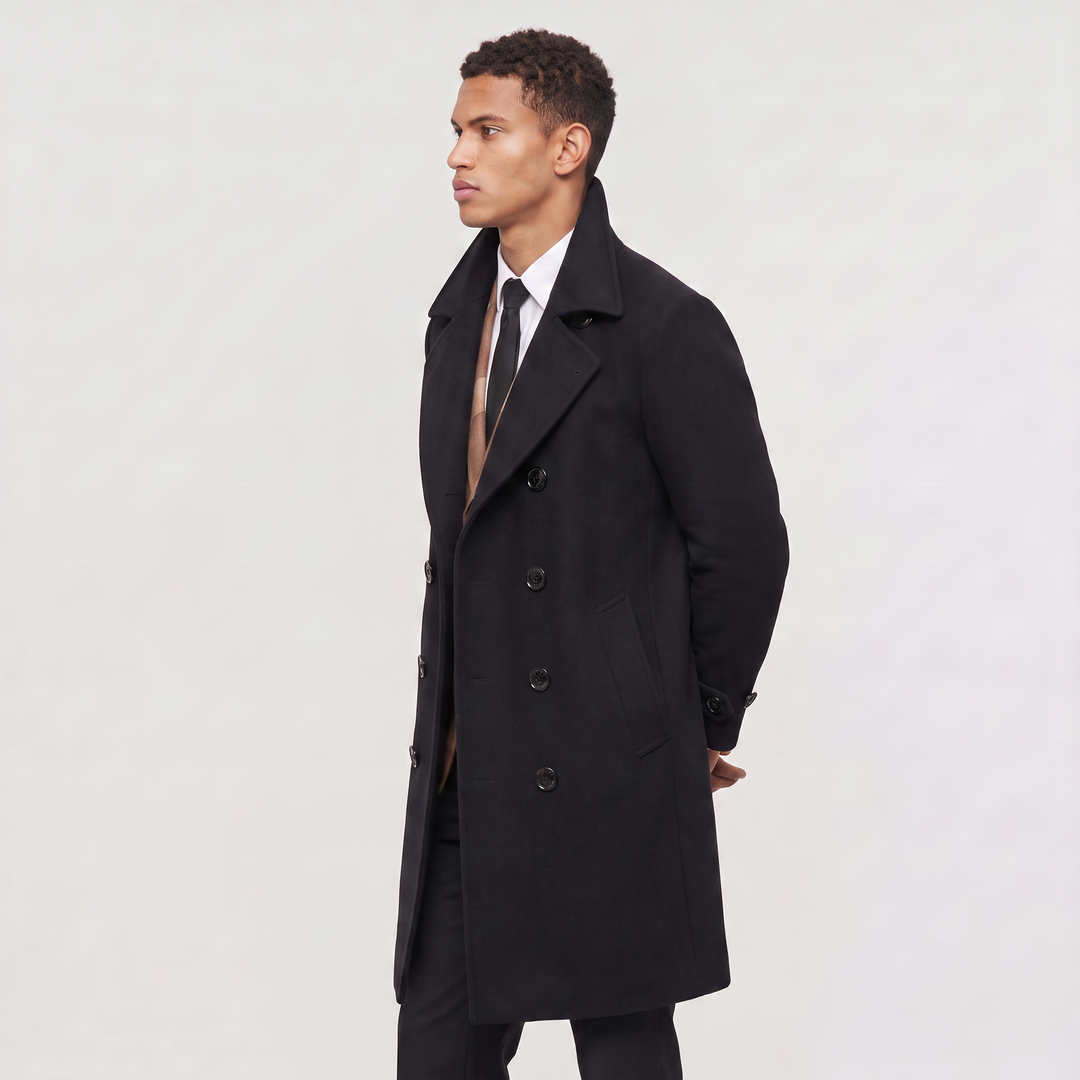 Men's Classic Wool Blend Slim Fit Double-Breasted Long Coat