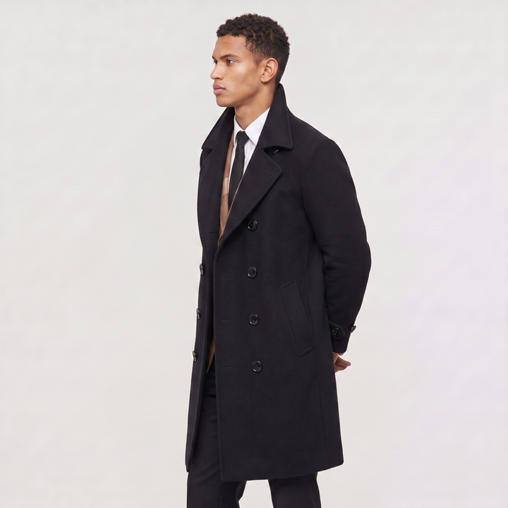 Men's Classic Wool Blend Slim Fit Double-Breasted Long Coat