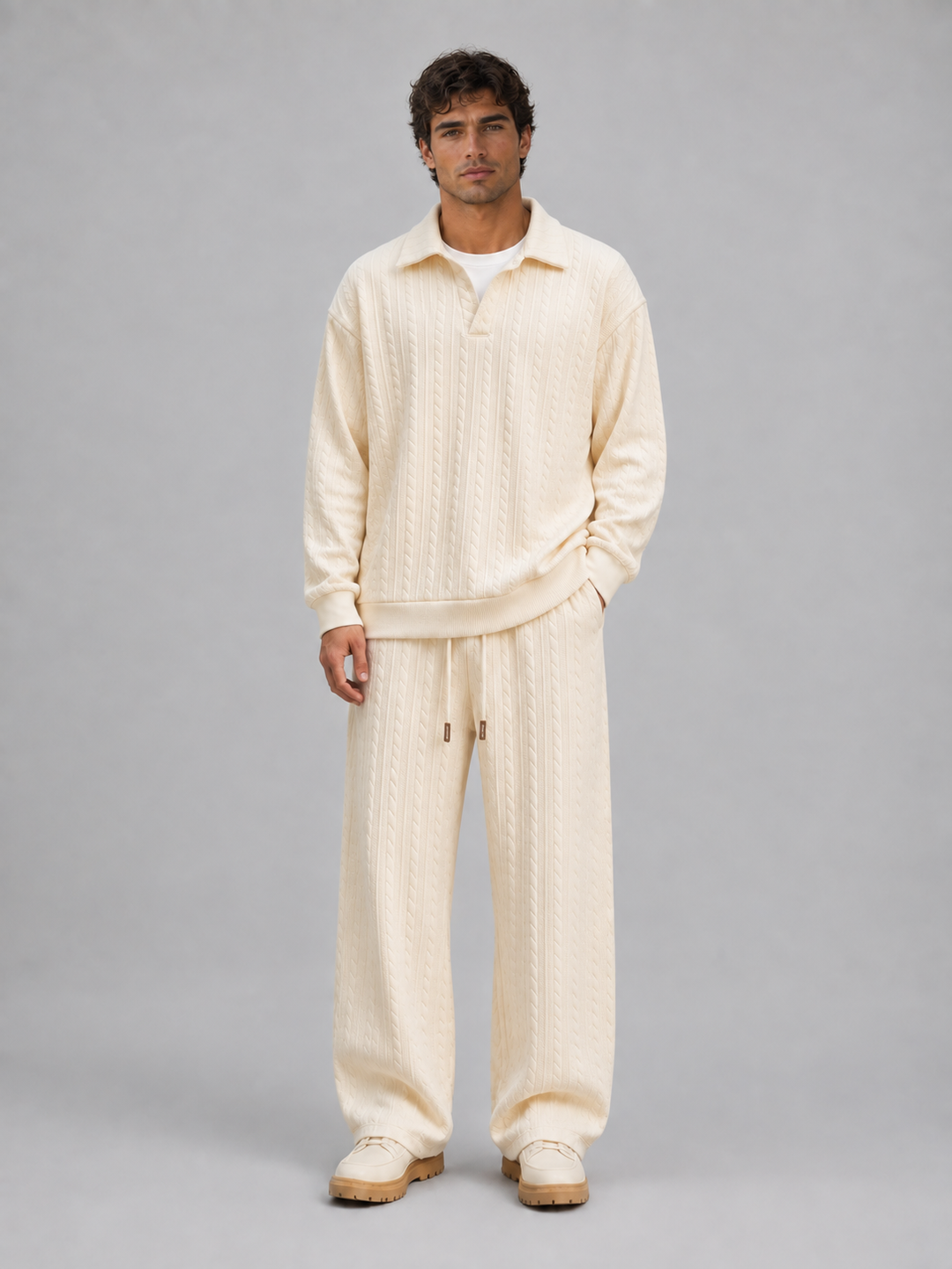Men's Casual Cable Knit Collared Top and Wide Leg Trousers Set