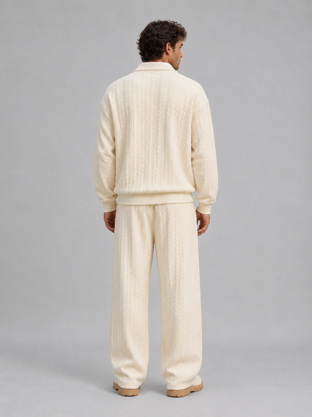 Men's Casual Cable Knit Collared Top and Wide Leg Trousers Set