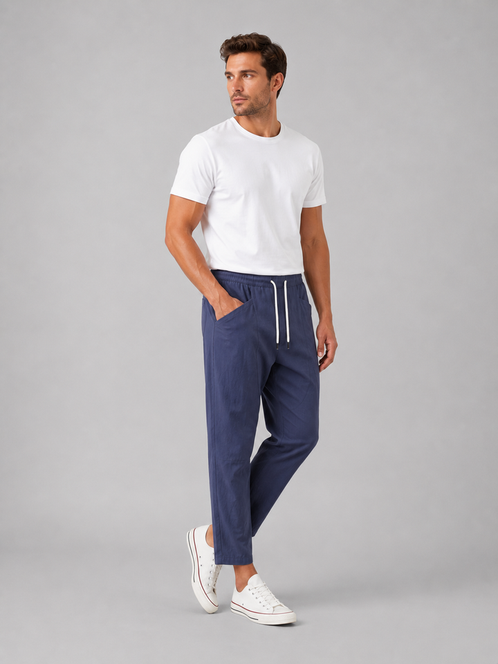 Men's Casual Drawstring Cropped Cotton Trousers