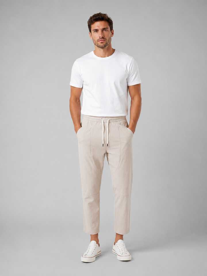 Men's Casual Drawstring Cropped Cotton Trousers