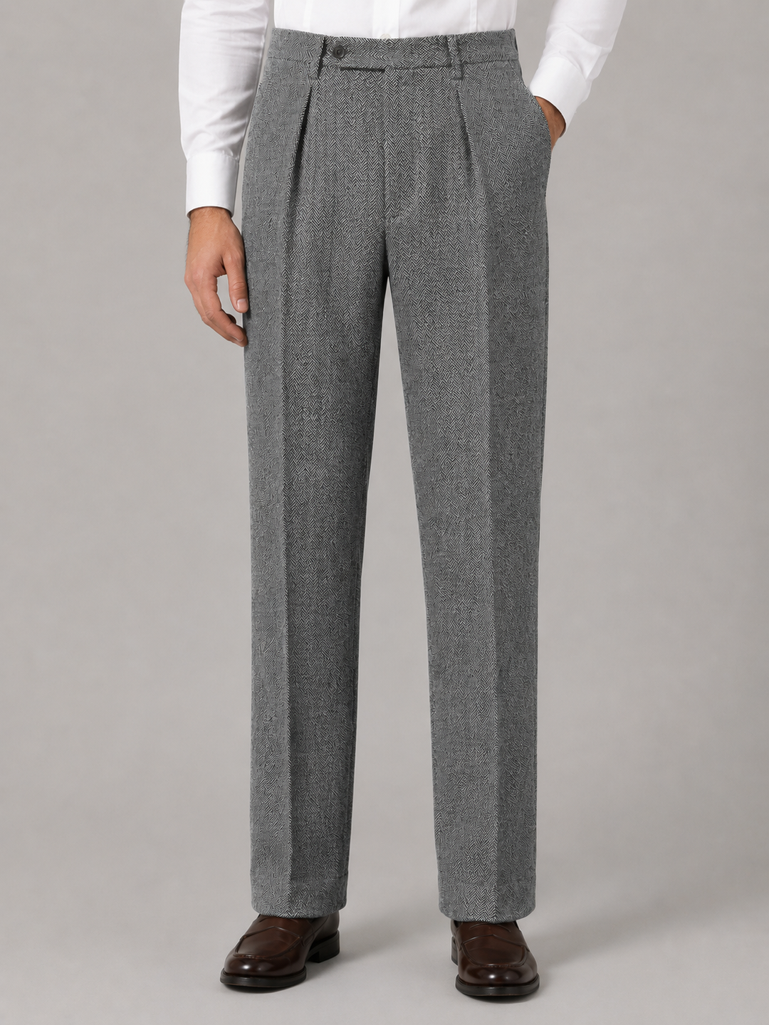 Men's Classic Herringbone Pleated Straight Leg Trousers
