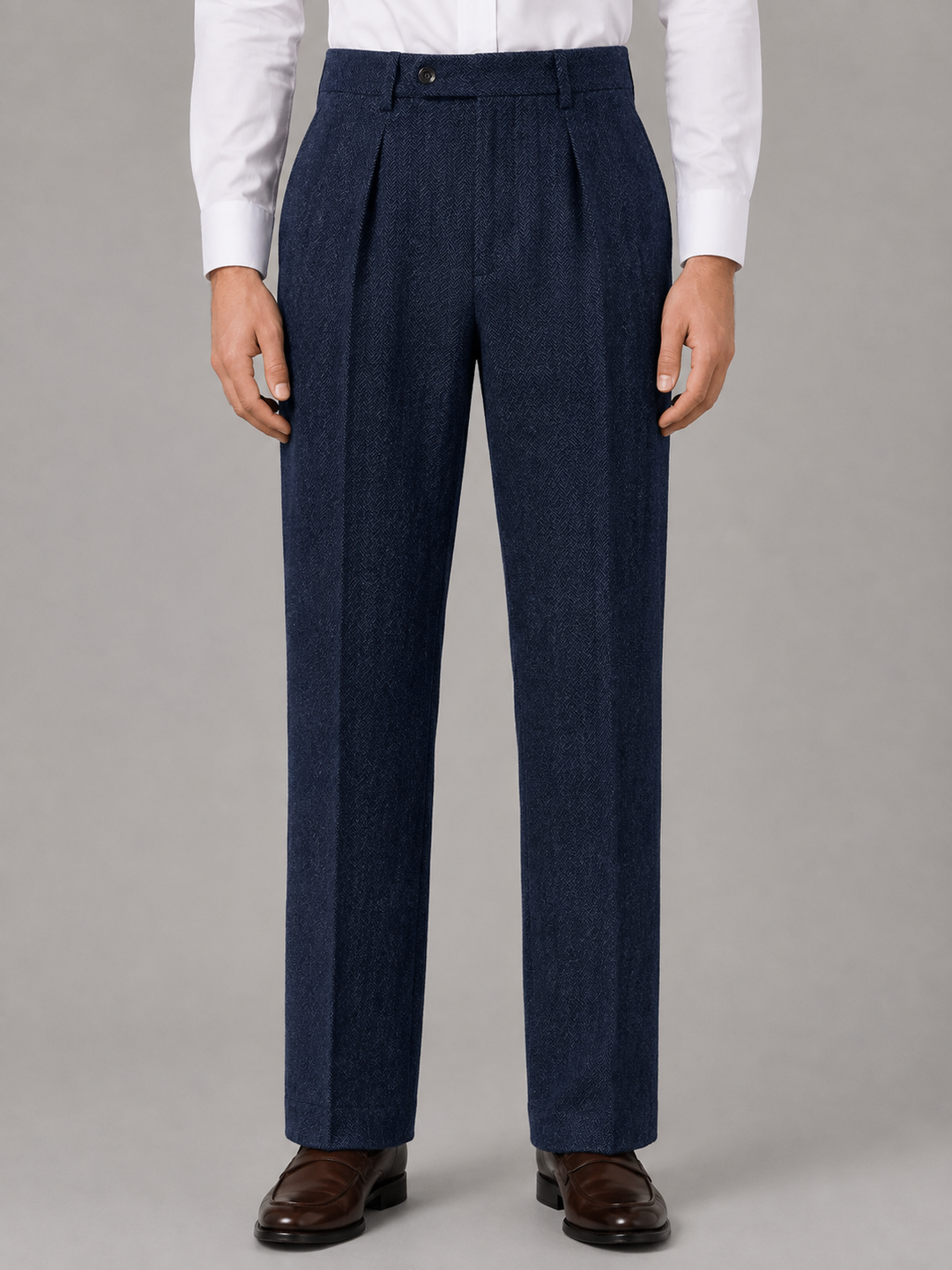 Men's Classic Herringbone Pleated Straight Leg Trousers