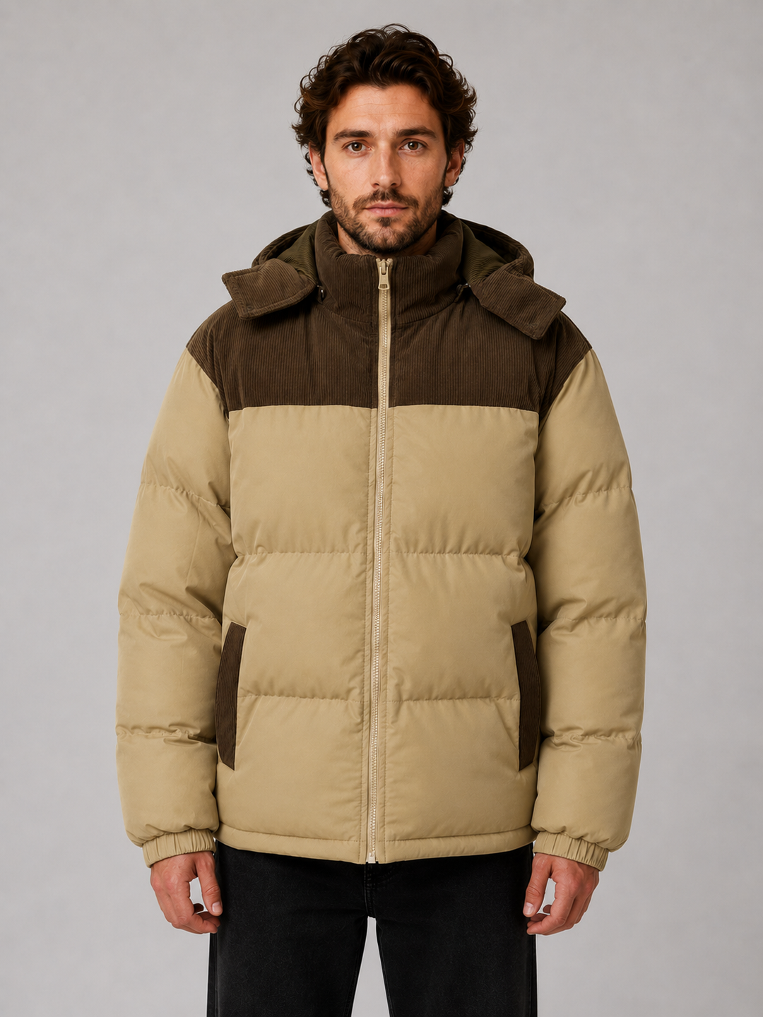 Men's Casual Corduroy Hooded Puffer Jacket