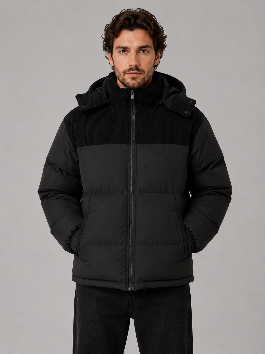 Men's Casual Corduroy Hooded Puffer Jacket