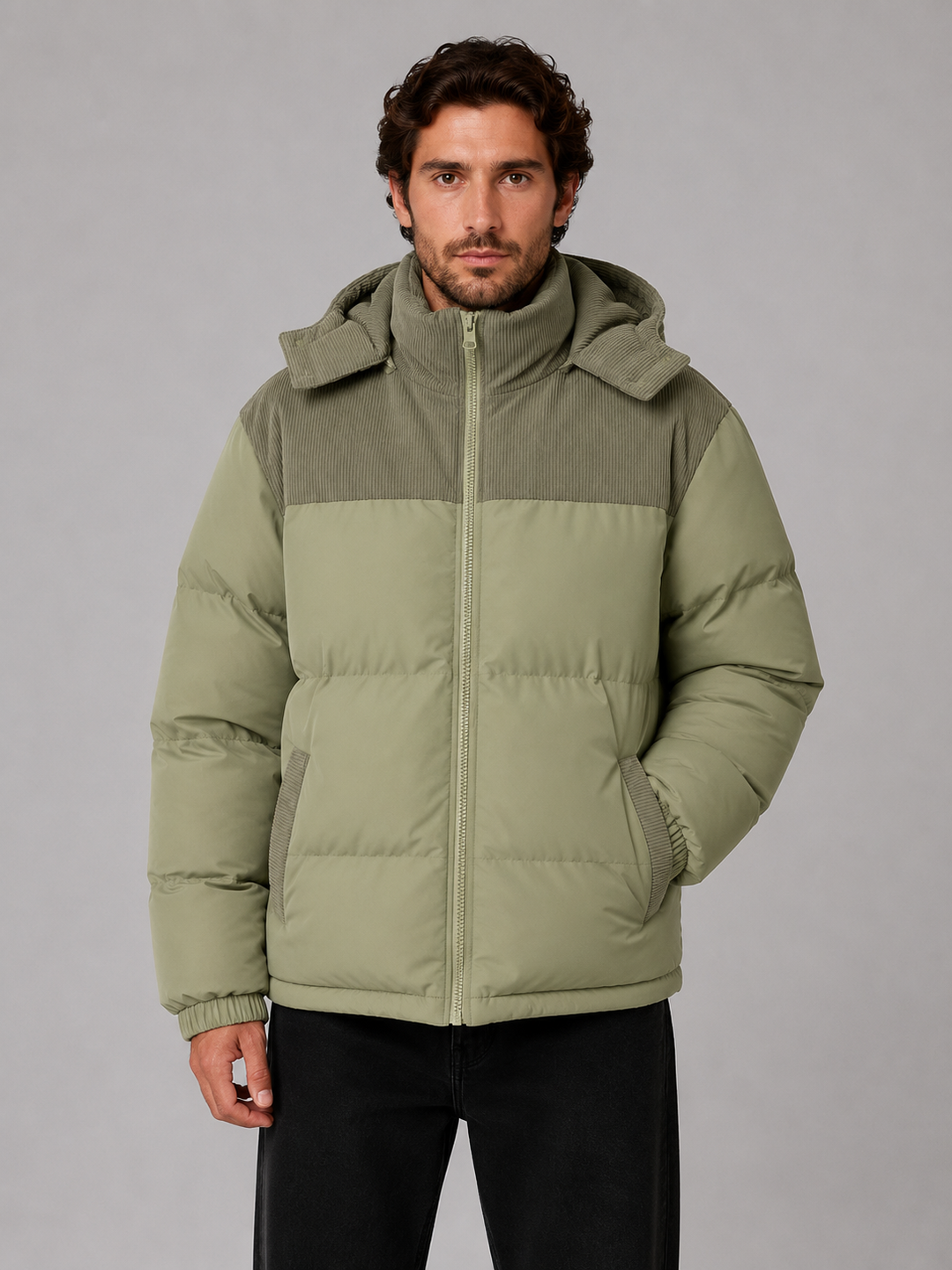 Men's Casual Corduroy Hooded Puffer Jacket