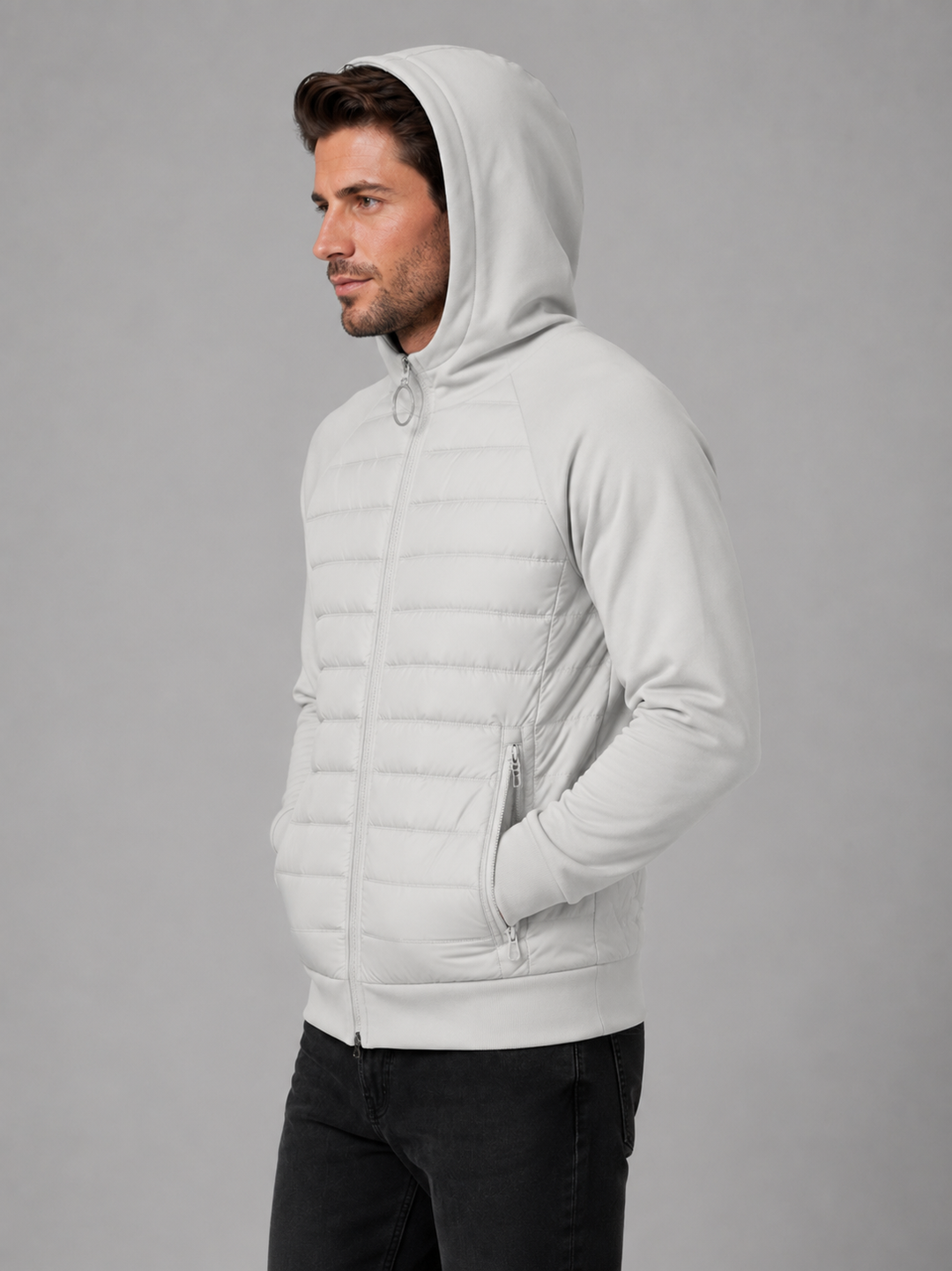 Men's Lightweight Quilted Hooded Jacket with Zip Front