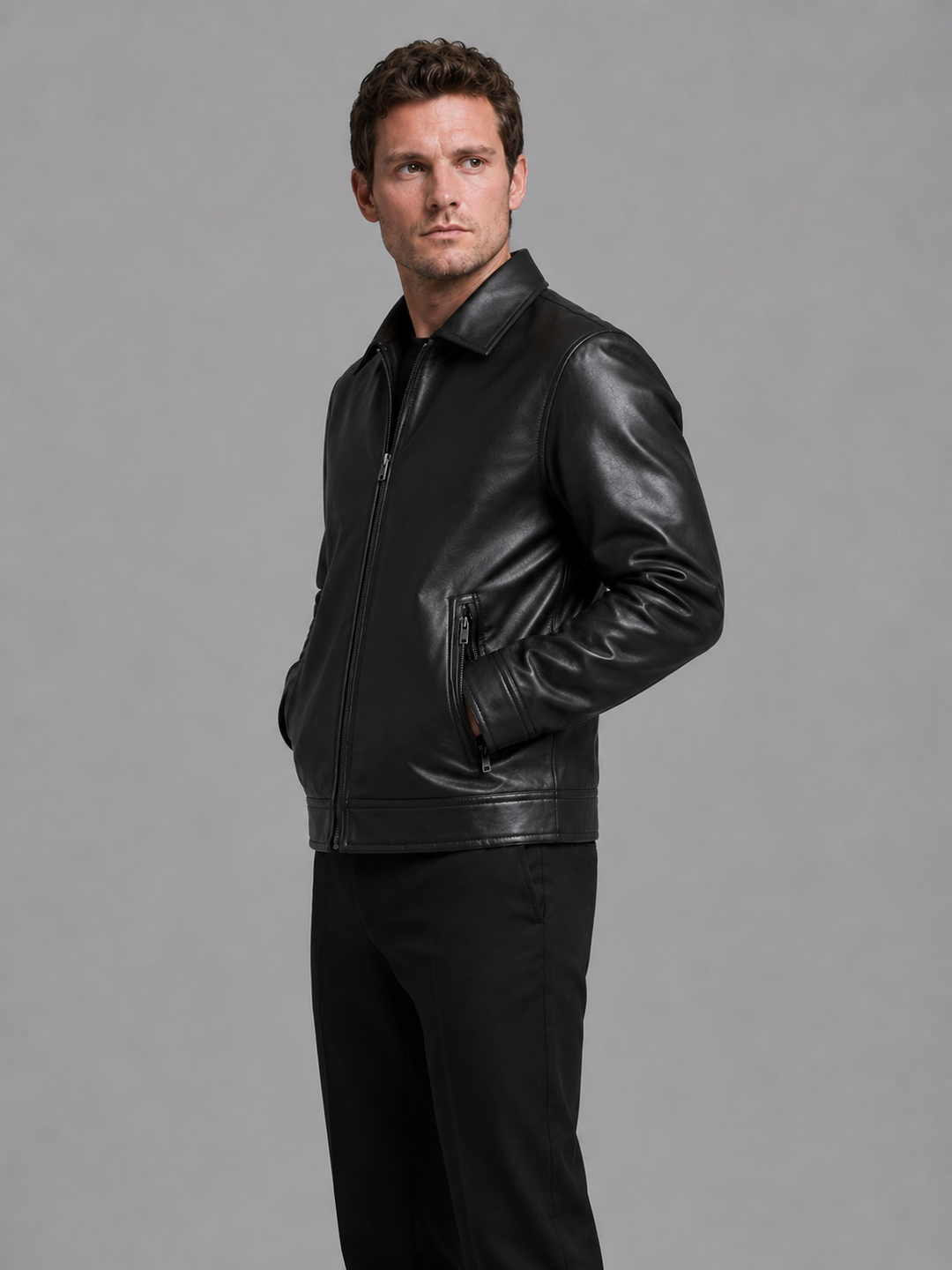 Men's Classic Leather Look Jacket with Zip Pockets