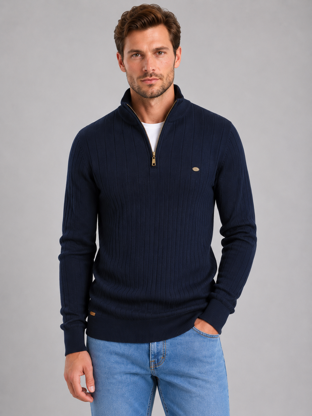 Men's Classic Cotton Ribbed Knit Quarter Zip Sweater