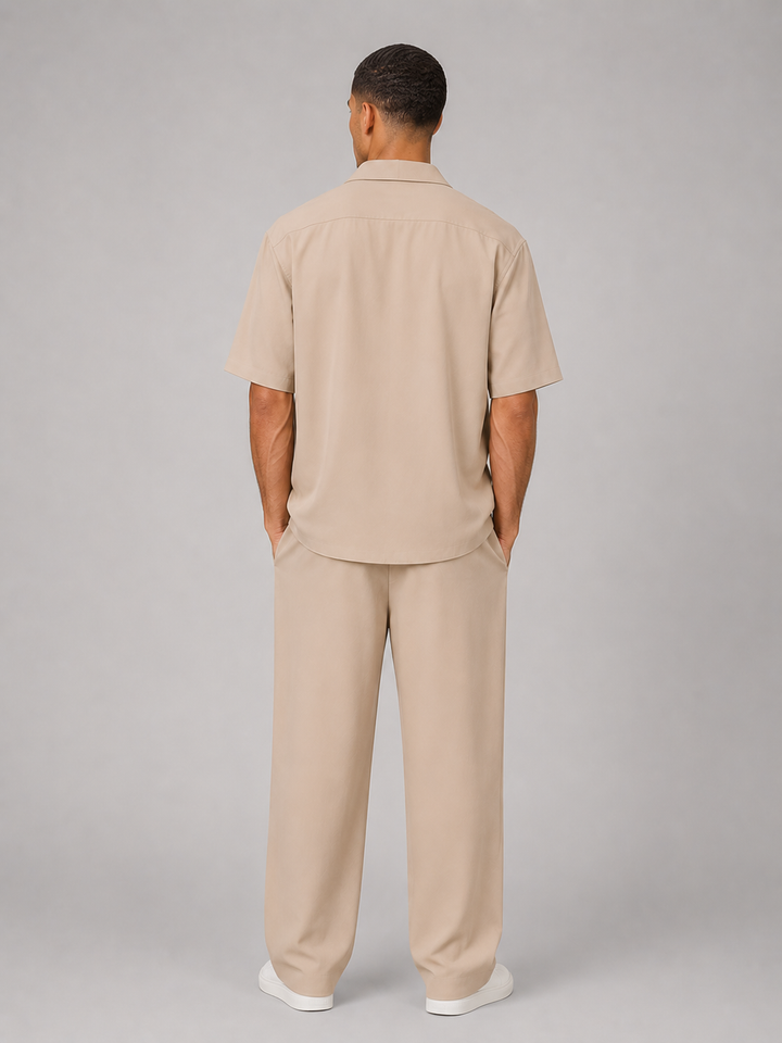 Men's Casual Cotton Short Sleeve Shirt and Drawstring Trousers Set