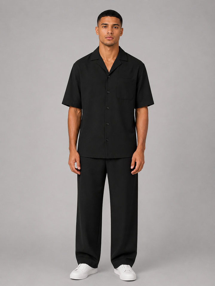 Men's Casual Cotton Short Sleeve Shirt and Drawstring Trousers Set