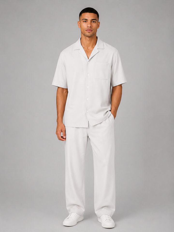 Men's Casual Cotton Short Sleeve Shirt and Drawstring Trousers Set