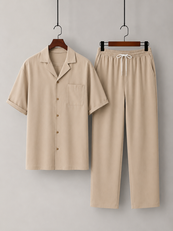 Men's Casual Cotton Short Sleeve Shirt and Drawstring Trousers Set