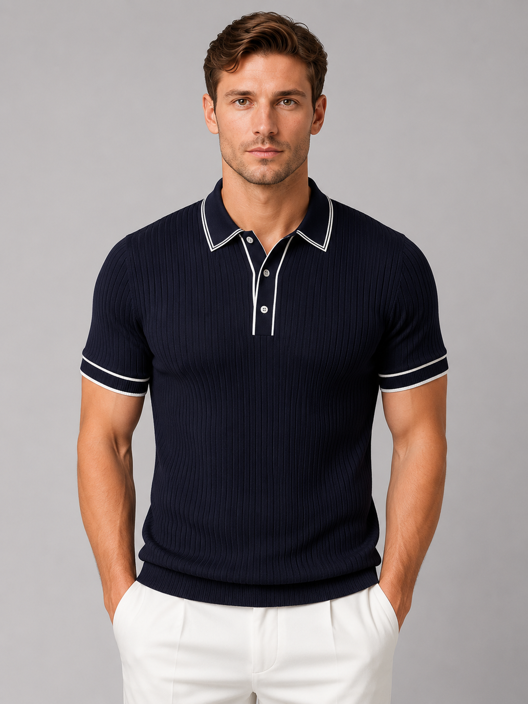 Men's Casual Ribbed Cotton Polo Shirt