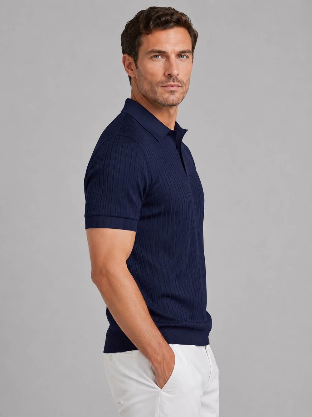 Men's Casual Ribbed Knit Polo Shirt