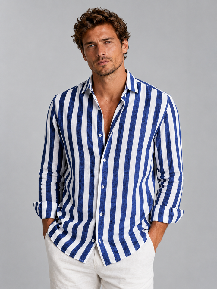 Men's Casual Striped Linen Look Button-Up Shirt