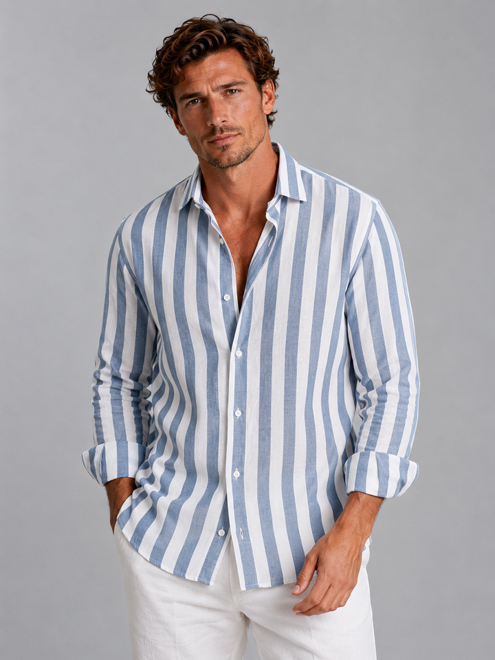 Men's Casual Striped Linen Look Button-Up Shirt