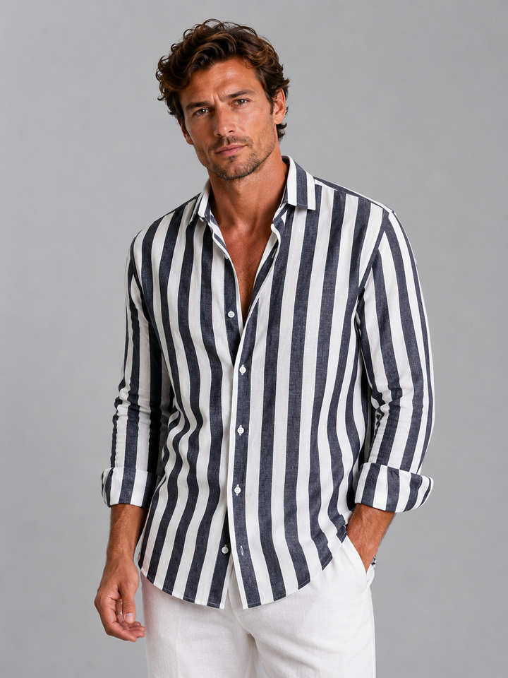 Men's Casual Striped Linen Look Button-Up Shirt